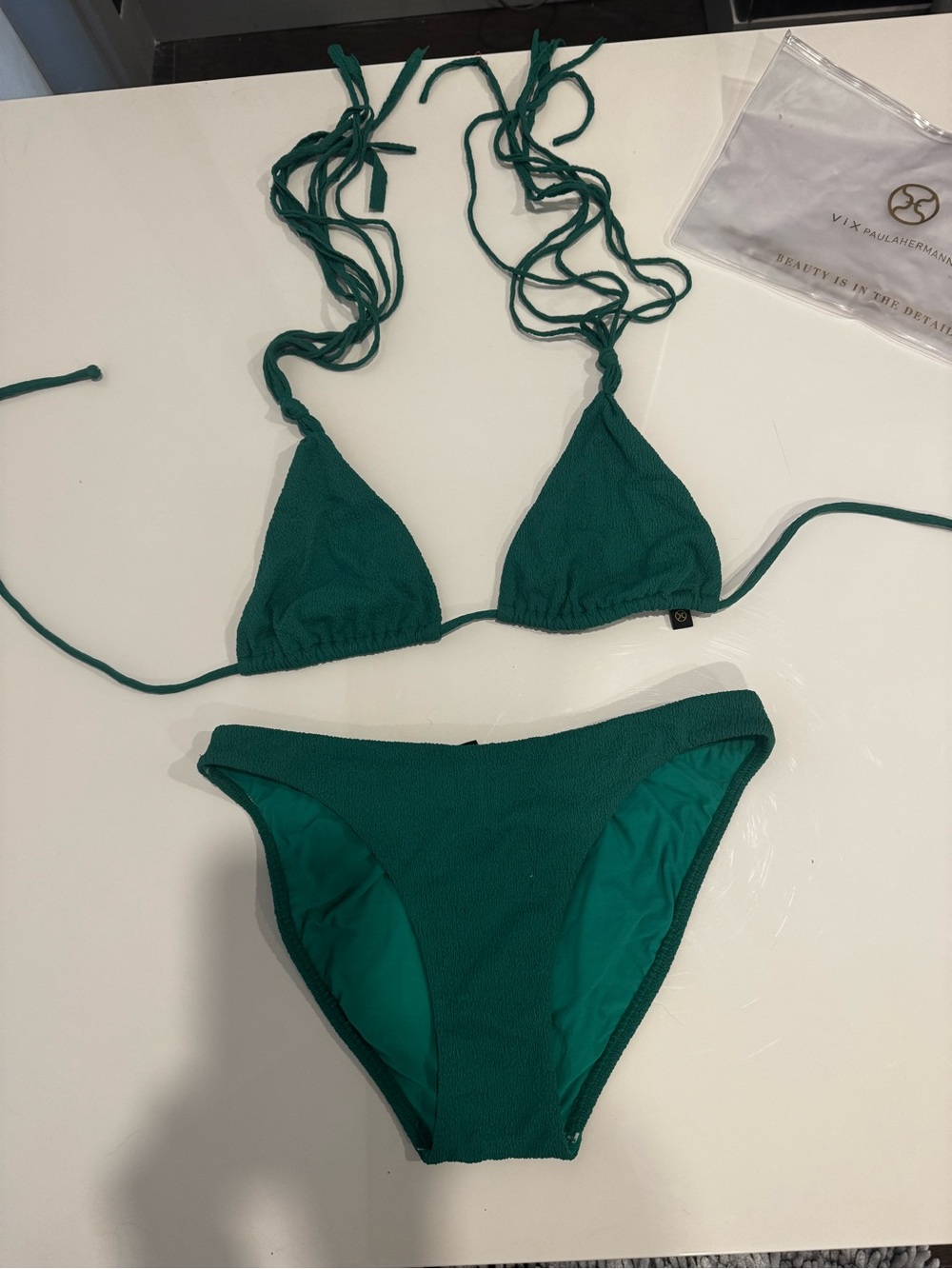 Vix Paula Hermanny Emerald Green Triangle Tie Bikini Set - M- Women Swim